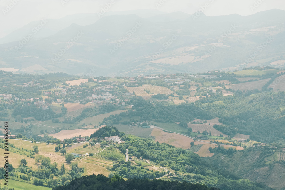 Italian landscape of green mountains. Italian hills view from above. 