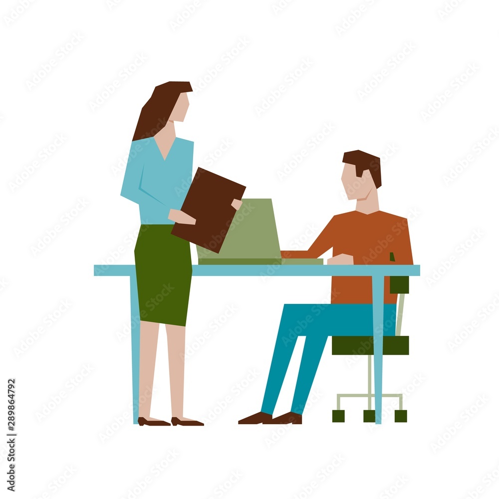 Meeting concept in flat design. Man sitting at his workplace and speak with female colleague. Woman standing with working documents near his male colleague workplace.