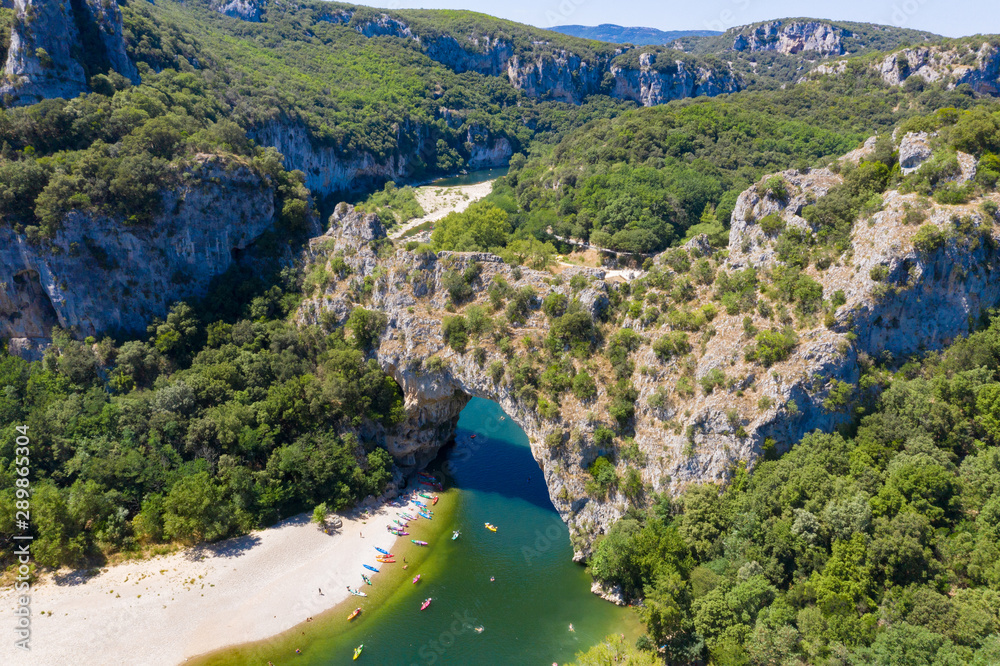 Aerial view of Narural arch in Vallon Pont D'arc in Ardeche canyon in France