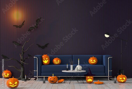3D render Halloween party in living room  with pumpkins, jack-o-lantern