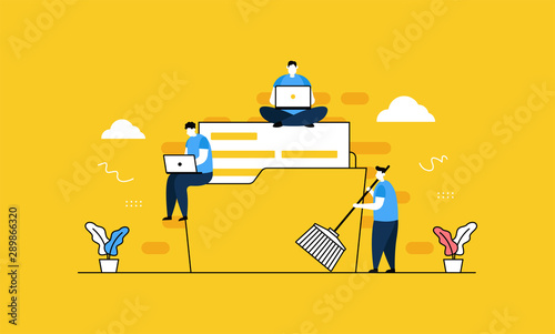 Data cleansing people cleaning folder flat vector illustration concept,can be used for landing page, ui, web, app intro card, editorial, flyer, and banner.
