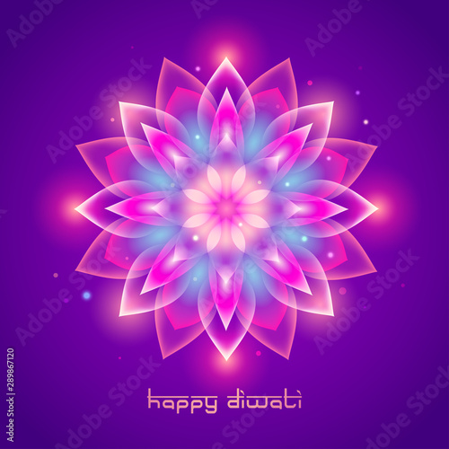 Happy Diwali with luminous flower Rangoli. Indian festival of lights.