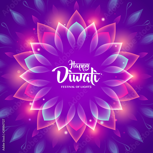Happy Diwali with luminous flower Rangoli. Indian festival of lights.