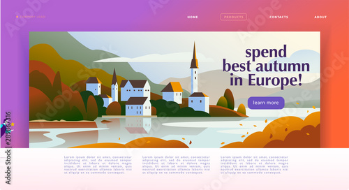 Vector landing page design template with beautiful flat europe autumn seacoast village landscape illustration. Special offer, vacation discount banner concept. For travel agency, touristic firm.
