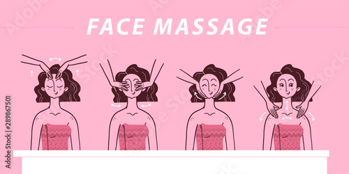 Vector and drawn illustration of face massage and skin care instruction steps  with portrait of young beautiful fashion lady isolated on pink background. For packaging, prints, salon advertisement etc