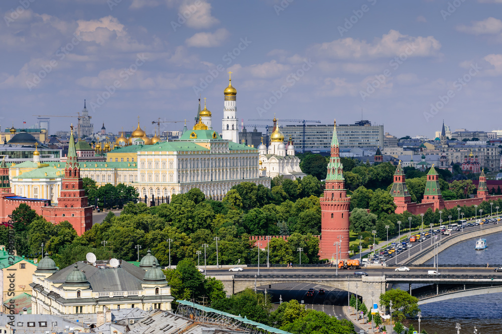 Aerial view of Moscow. Moscow Kremlin. Beautiful summer view of Moscow from the observation deck of the Cathedral of Christ the Savior