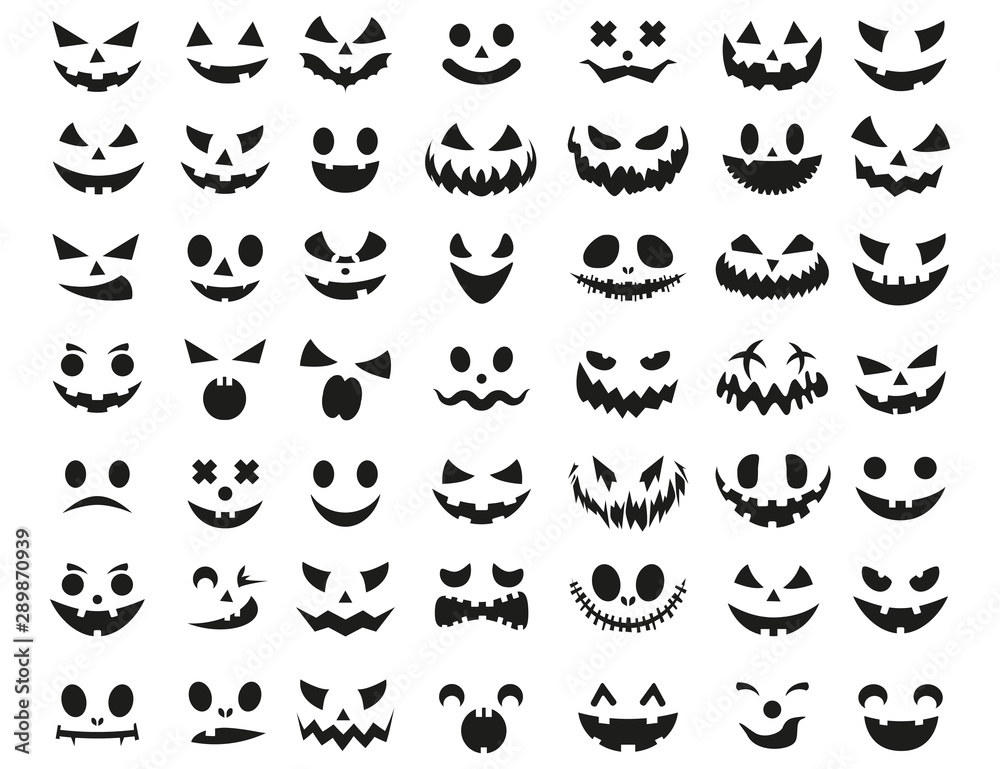 Vetor de Halloween face icon set. Spooky pumpkin smile on white background.  Design for the holiday Halloween. Vector illustration. do Stock | Adobe  Stock
