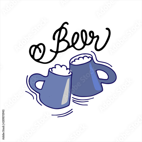 Pub logo concept. Two hand drawn beer mugs with handwritten Beer lettering on the white background. Isolated design elements
