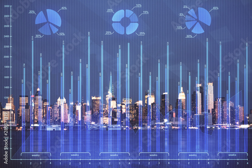 Financial graph on night city scape with tall buildings background double exposure. Analysis concept.