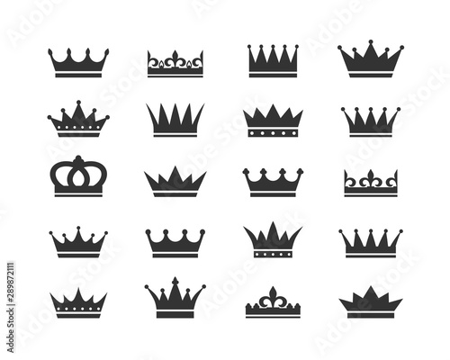 Set of crown icons. Collection of crown awards for winners, champions, leadership. Vector isolated elements for logo, label, game, hotel, an app design. Royal king, queen, princess crown. 