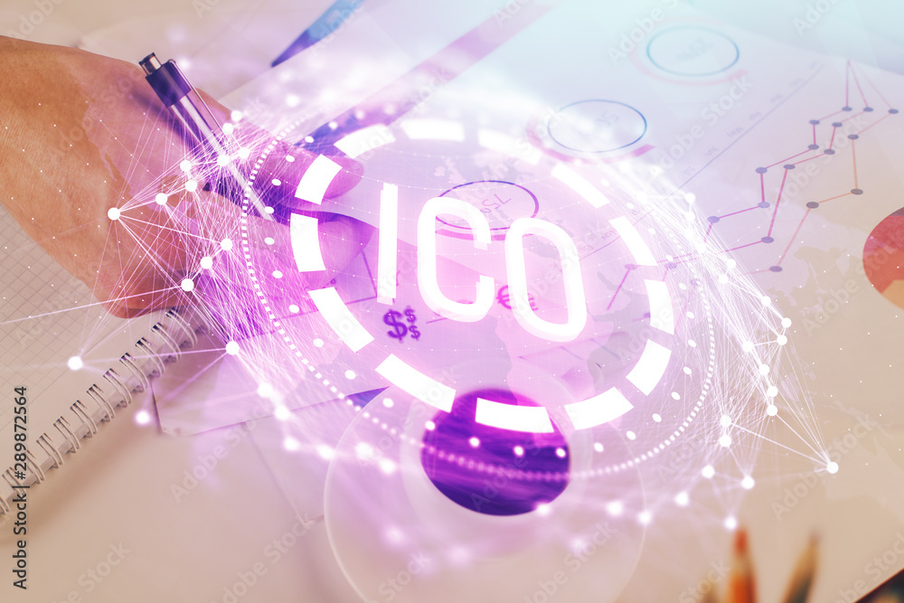 Naklejka premium Businessman with hands background. Crypto currency concept.