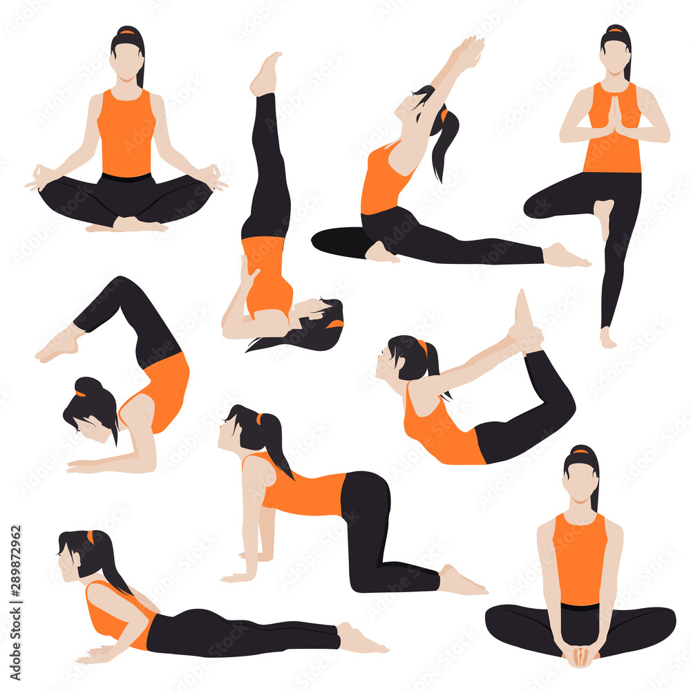 Yoga workout girl set. Set of yoga postures female figures for