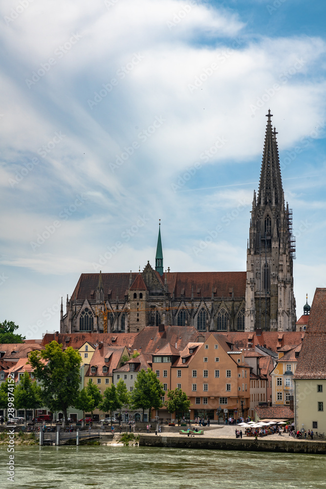 Beautiful view of the Regensburg Cathedral ( St. Peter's Cathedral) on river side of Danube, Bavaria, Germany