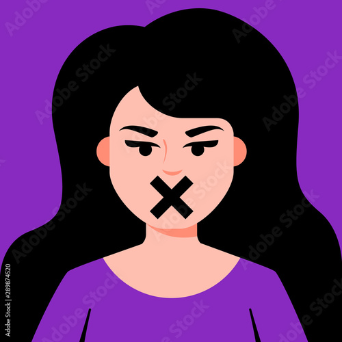 girl with closed mouth. censorship for women. gender discrimination. flat vector illustration.