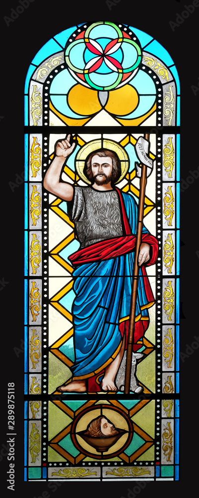 Saint John the Baptist, stained glass window in the Shrine of the Our Lady Queen of Peace in Hrasno, Bosnia and Herzegovina