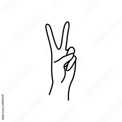 Woman's hand peace sign line. Vector emblem of female hands of victory gesture. Lineart in a trendy minimalist style