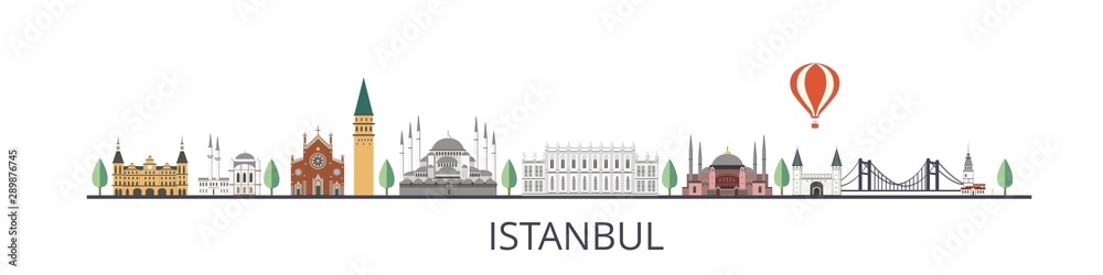 Vector illustration Istanbul with famous turkish landmarks. Travel to Istanbul concept. Illustrations with silhouette symbols of Istanbul in modern flat style. Vector illustration Istanbul with famous turkish landmarks. Travel to Istanbul concept. Illustrations with silhouette symbols of Istanbul in modern flat style.
