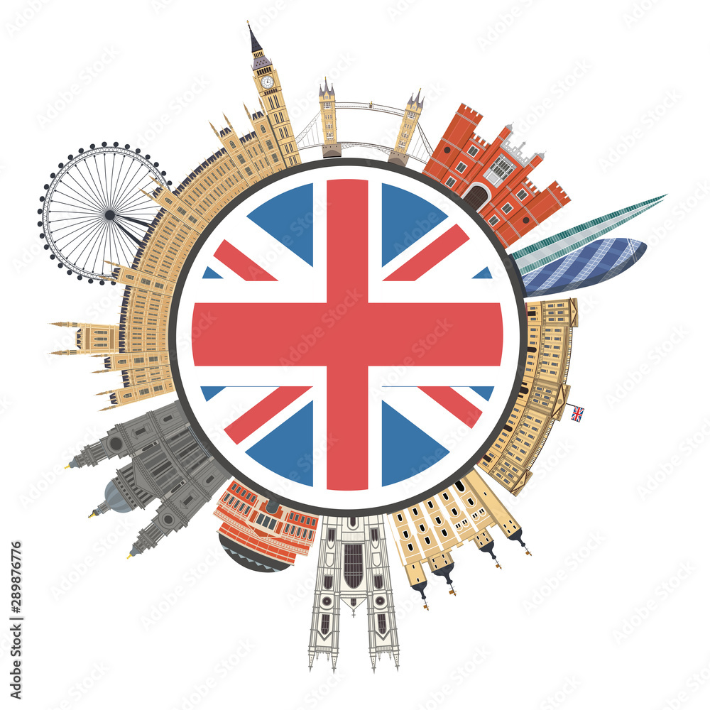 Obraz premium Architectural sights of London on the background of the British flag. London city buildings silhouette. London cityscape with landmarks. Travel Untied Kingdom skyline background