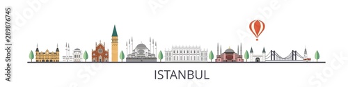 Vector illustration Istanbul with famous turkish landmarks. Travel to Istanbul concept. Illustrations with silhouette symbols of Istanbul in modern flat style.