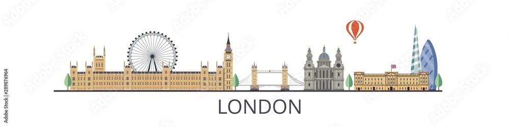 Fototapeta premium Panorama of London flat style vector illustration. London architecture. Cartoon United Kingdom symbols and objects.