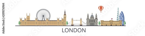 Panorama of London flat style vector illustration. London architecture. Cartoon United Kingdom symbols and objects.