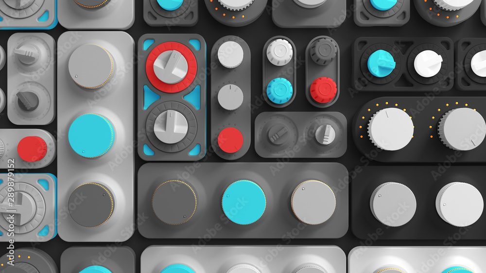 3d render color abstract tech background with random rotated switch panels. Different shapes.