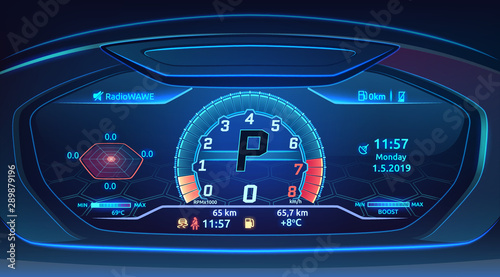 Neon sport car supercar dashboard with speedometer, modern automobile control panel design, vector illustration