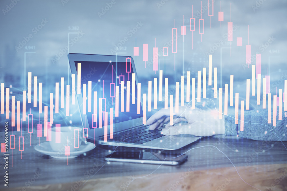 Double exposure hands with stock market chart. Concept of research and analysis.