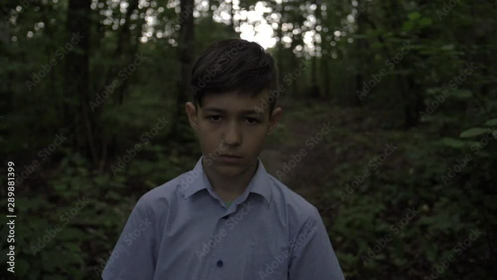 portrait of sad boy in the evening forest slow motion portrait of sad boy in the evening forest slow motion