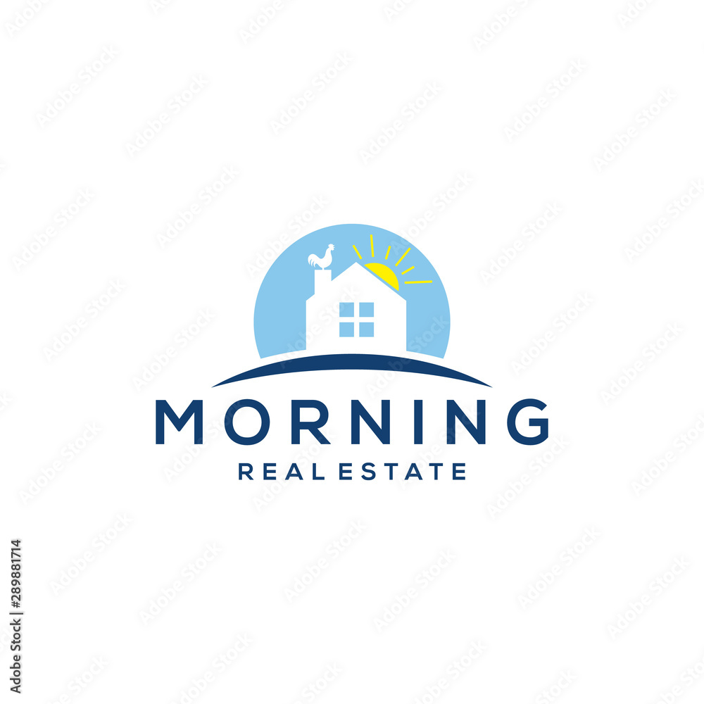Illustration of modern abstract house sign with morning sun rooster logo design