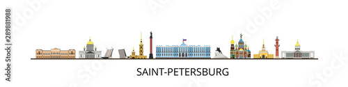 Panorama of Saint Petersburg flat style vector illustration. Petersburg architecture. Cartoon Russia symbols and objects.