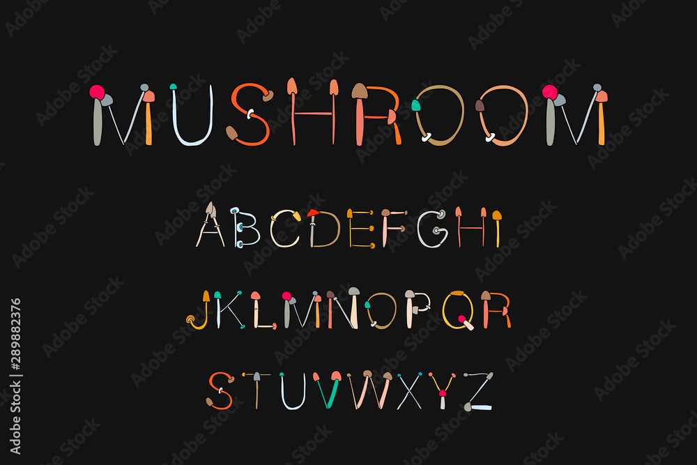Mushroom hand drawn vector illustration abc alphabet in cartoon style colorful types of plants