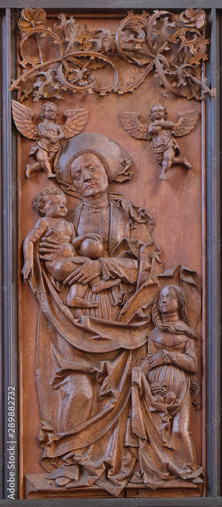 Saint Anne, Child and Virgin Mary, Coronation of Mary altar in St James Church in Rothenburg ob der Tauber, Germany
