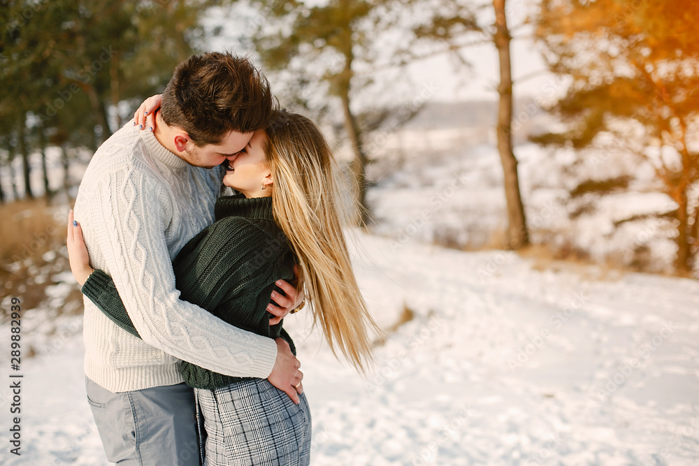 Fototapeta premium happy couple kissing and hugging in the park on a snowy winter day