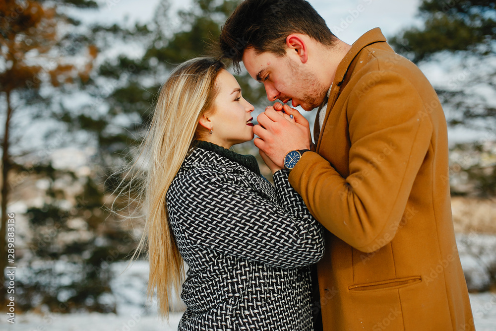Fototapeta premium happy couple kissing and hugging in the park on a snowy winter day