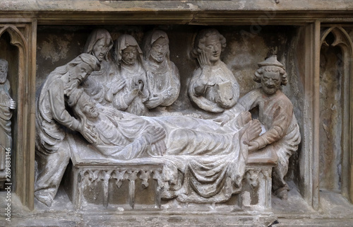 Jesus is Laid in the Tomb, statue on the tabernacle in St James Church in Rothenburg ob der Tauber, Germany