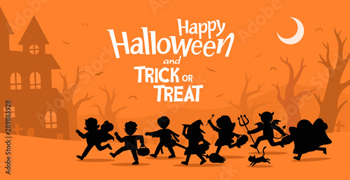 Children in Halloween fancy dress to go Trick or Treating.Template for advertising brochure. Happy Halloween.