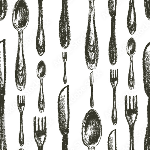Seamless pattern of spoons,forks, knifes isolated on white. Background. Silverware