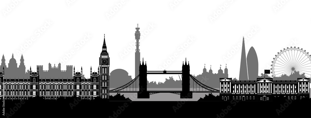 Fototapeta premium Panorama of London flat style vector illustration. Istanbul architecture. Cartoon London symbols and objects. London city skyline vector background. Flat trendy illustration.