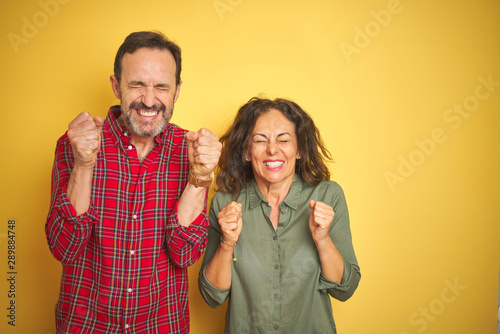 Beautiful middle age couple over isolated yellow background excited for success with arms raised and eyes closed celebrating victory smiling. Winner concept.