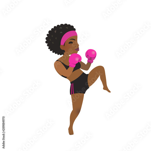 Strong powerful Afro-American sportswoman in boxing gloves performs high kick. Beautiful African girl boxer training kickboxing. Vector isolated illustration