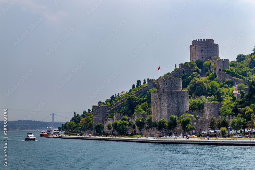Istanbul Bosphorus and Rumelihisari Fortress landscape view from the sea in sunny day