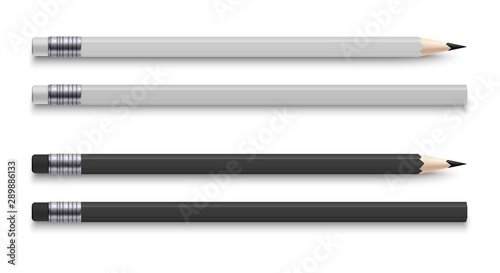 Realistic pencils with eraser. Sharpened wooden black and white colour graphite sharpened pencil. Vector illustration office stationery set