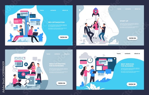 Marketing landing page. Modern SEO and online analytic concept, web sites and banners template with business characters. Vector illustrations set for cartoon website development design