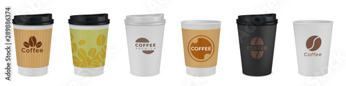 Realistic paper coffee cup. Black, White, Brown 3d mockup template with branding, hot drink container with corporate identity. Vector coffee, tea mug set for identity restaurant card