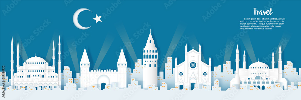 night city of istanbul with panoramic views , origami style paper for travel postcards, Vector illustration.