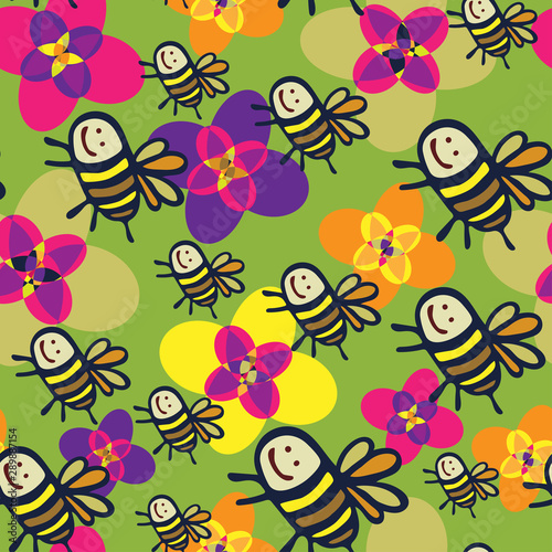 Seamless vector pattern with colorful decorative bees. 