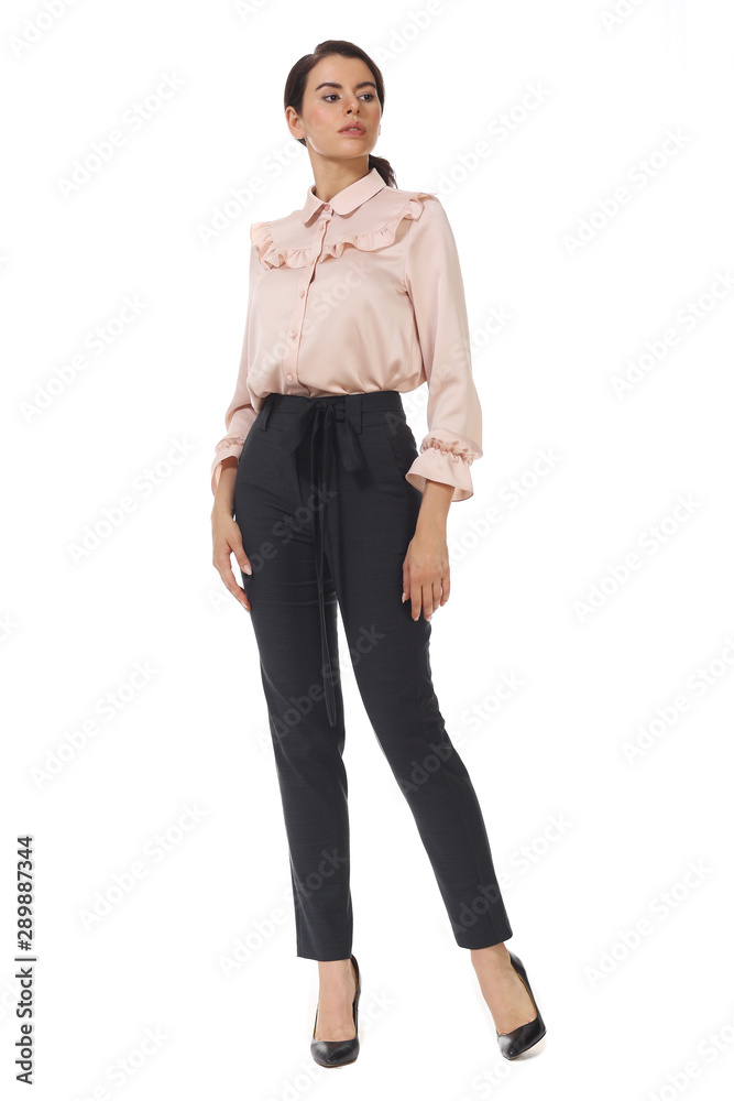 young caucasian business woman executive posing in formal pink blouse and trousers trousers young caucasian business woman executive posing in formal pink blouse and trousers trousers