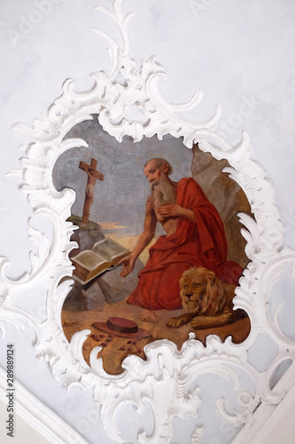 Saint Jerome one of the four Great Latin Fathers, fresco in the church of St. Agatha in Schmerlenbach, Germany