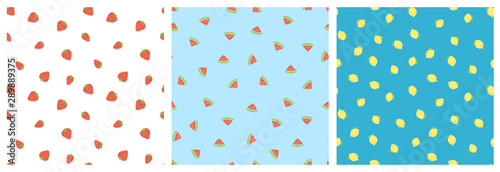 Kid's seamless pattern. Smiling strawberry, watermelon, lemon. Exotic fruit fashion print. Design elements for baby textile or clothes. Hand drawn doodle repeating delicacies. Tropical wallpaper